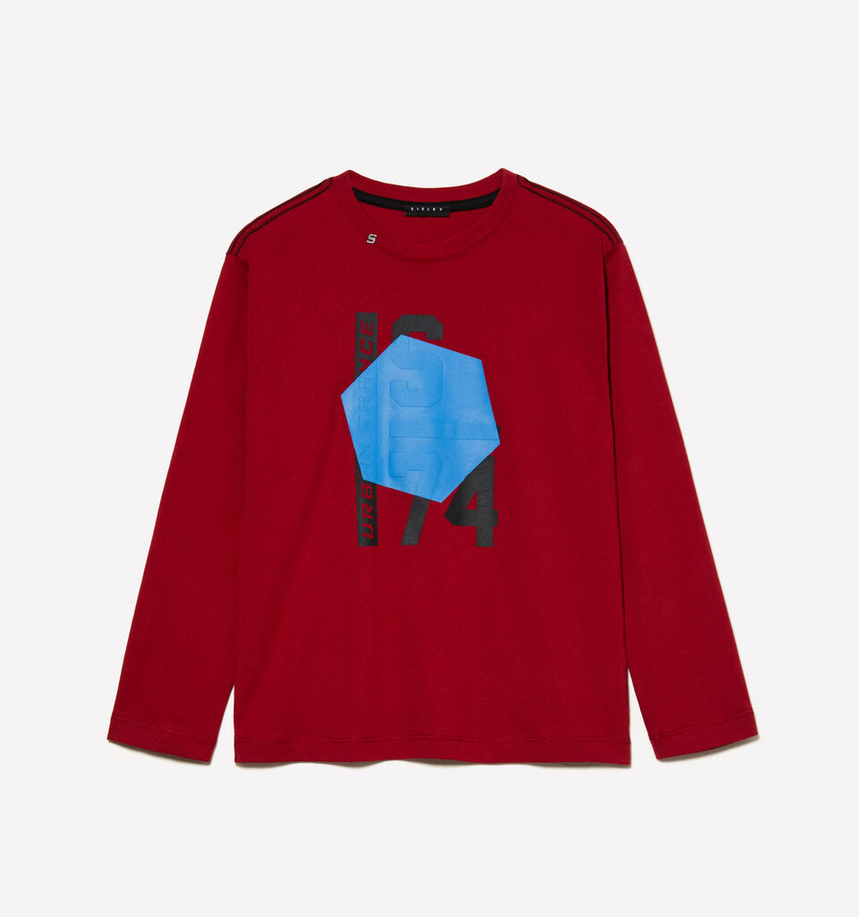Red t-shirt with embossed print - boys' long sleeve t-shirts - Burgundy | Sisley Young image number 1